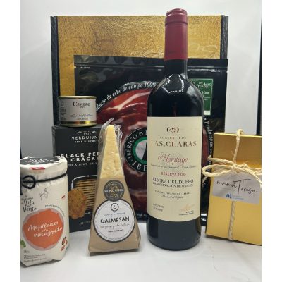 Caja regalo 79,50 €: Ribera del Duero Convento de Las Claras, jamón ibérico, queso Galmesán y rillettes de pato