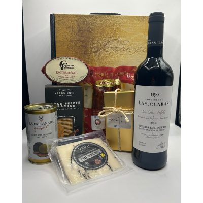 Caja regalo 54,50 €: Convento de Las Claras tinto fino, queso de oveja con trufa, chorizos y zamburiñas gallegas